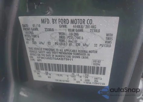 2010 Ford Escape Xlt из США, поврежденный, VIN 1FMCU0D70AKB75911